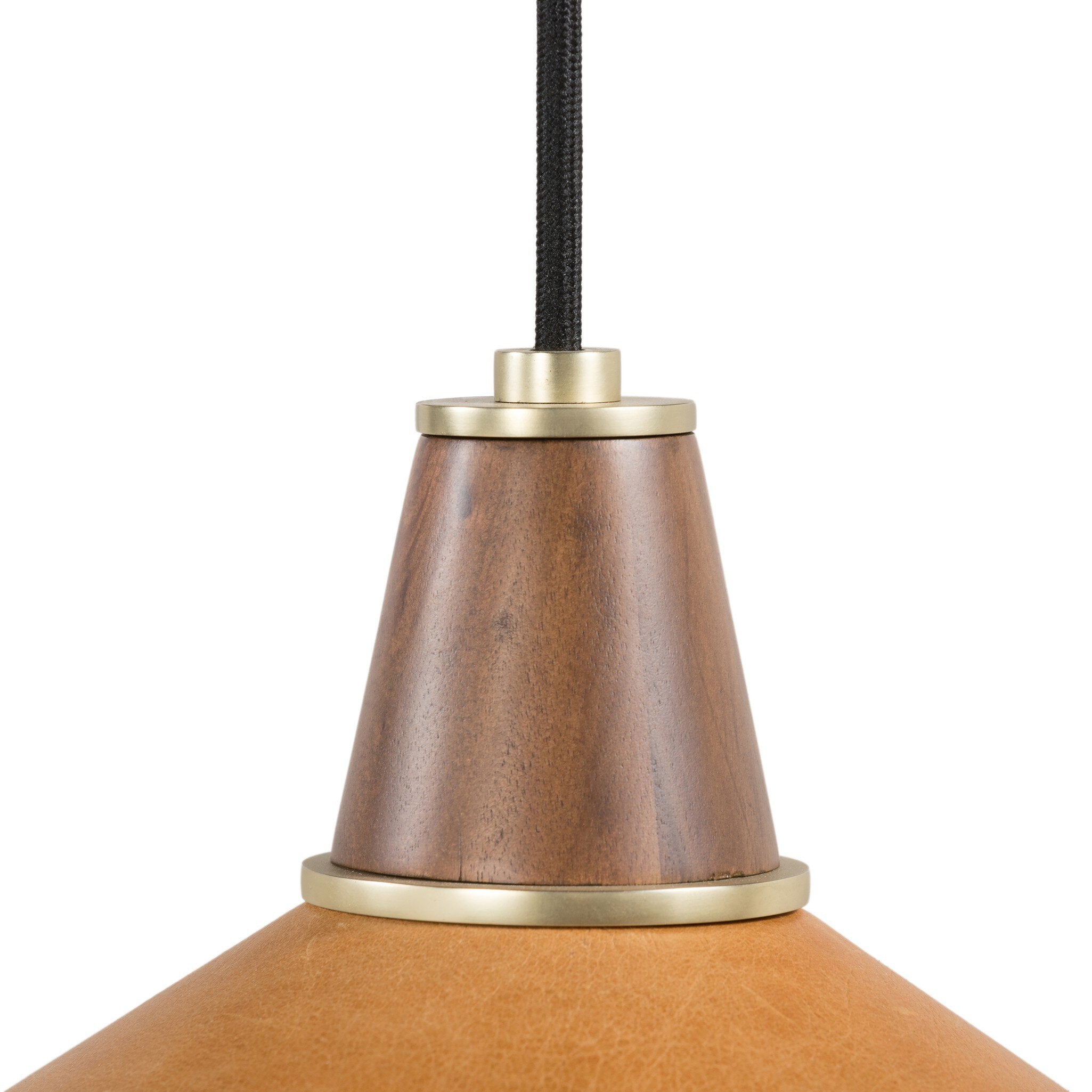 Close-up detail Cullen pendant light with a camel leather shade and natural walnut finial 