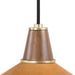 Close-up detail Cullen pendant light with a camel leather shade and natural walnut finial 
