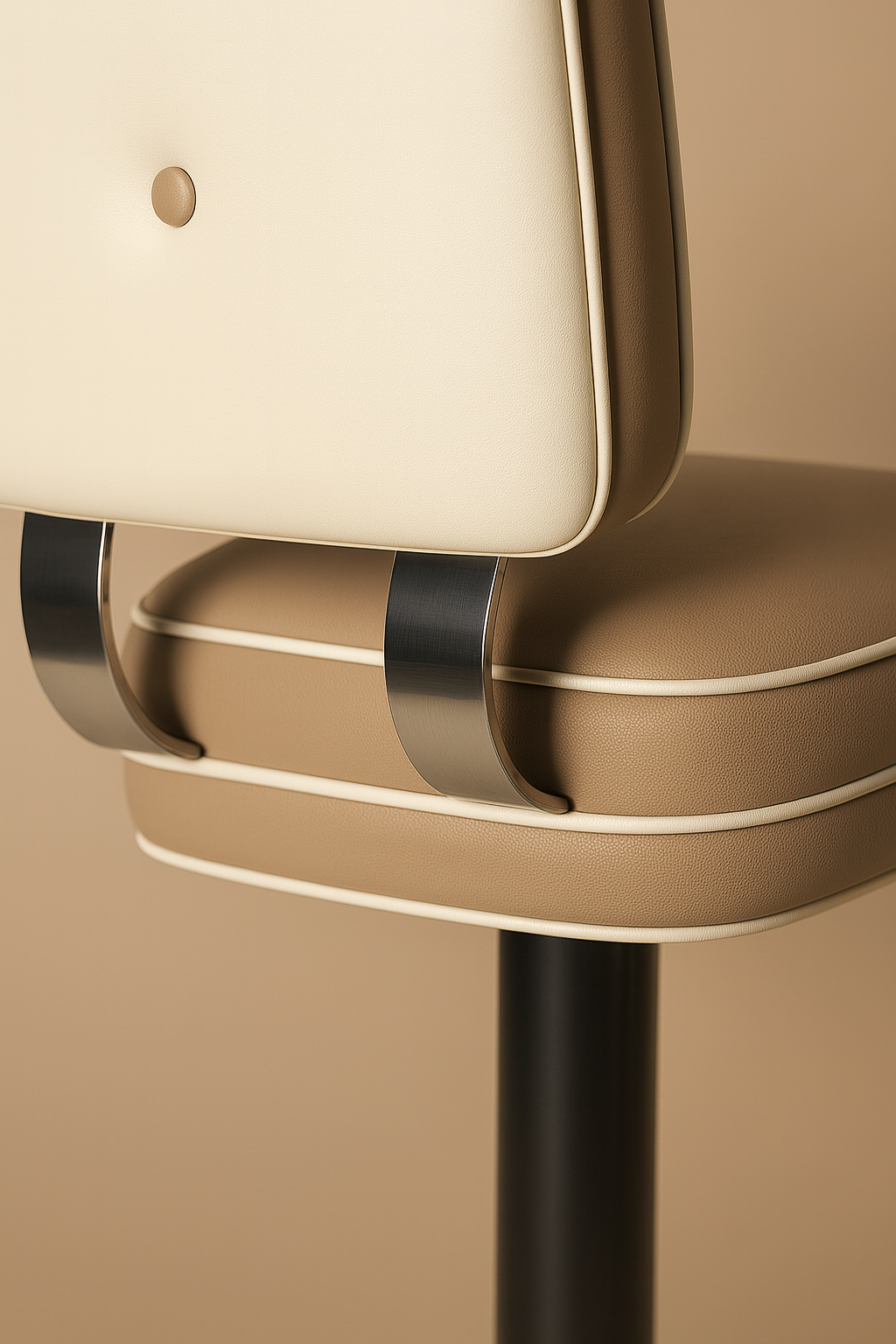 Close up Detail Tufted square retro modern bar stool featuring performance upholstery seat and buttons with silver metal stand
