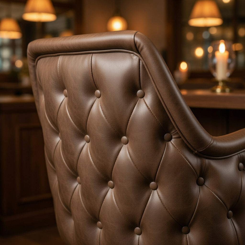 Close-up of the Chester's intricate button tufting and tailored performance upholstery designed for lasting commercial charm