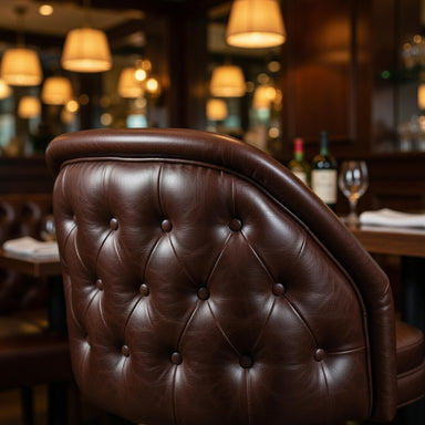 Close-up of the Kingsley stool’s deep-set button tufting and tailored stitching designed for luxury commercial durability