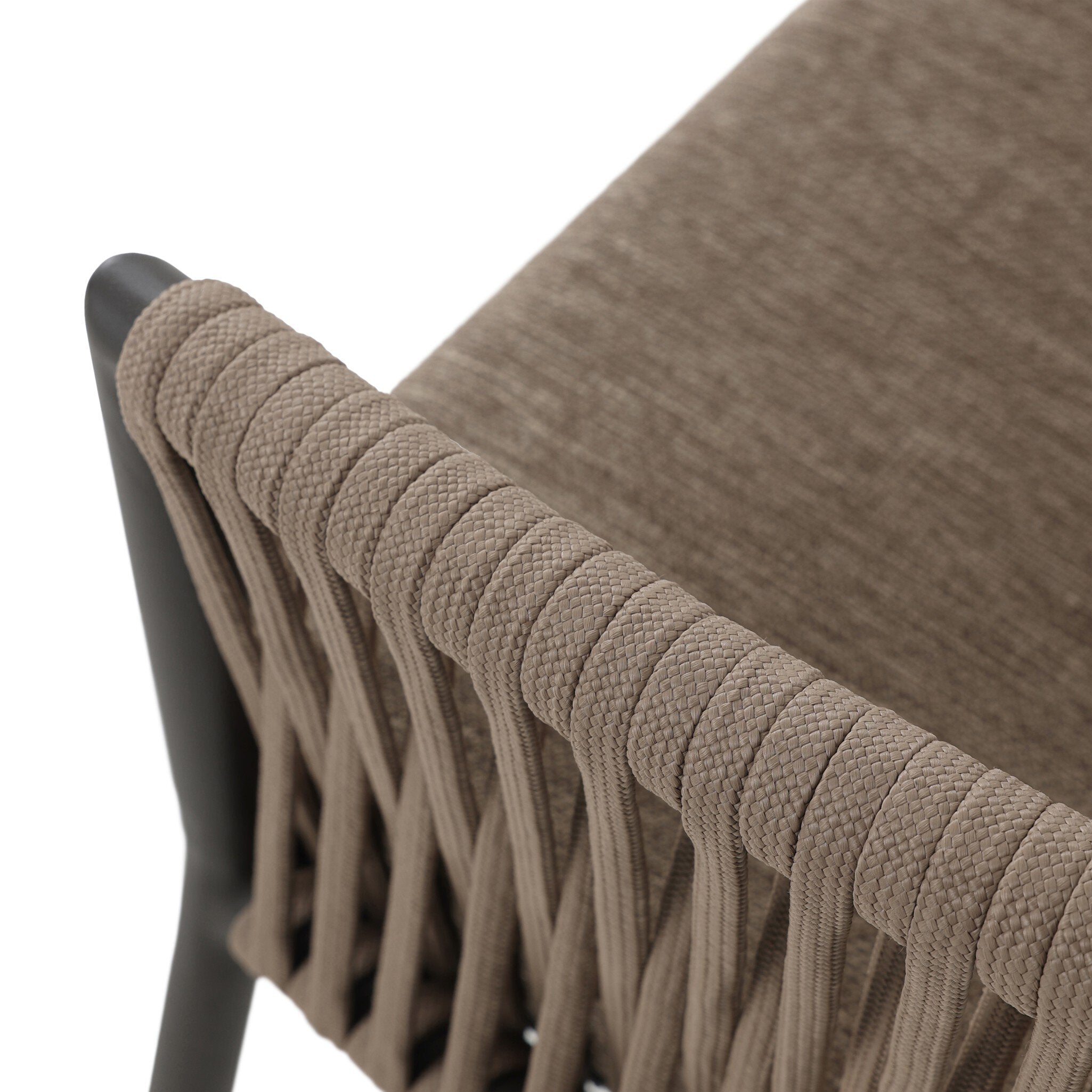 Close-up woven detail Porto Outdoor Dining Chair with a natural teak frame and weather-resistant brown rope-weave backrest