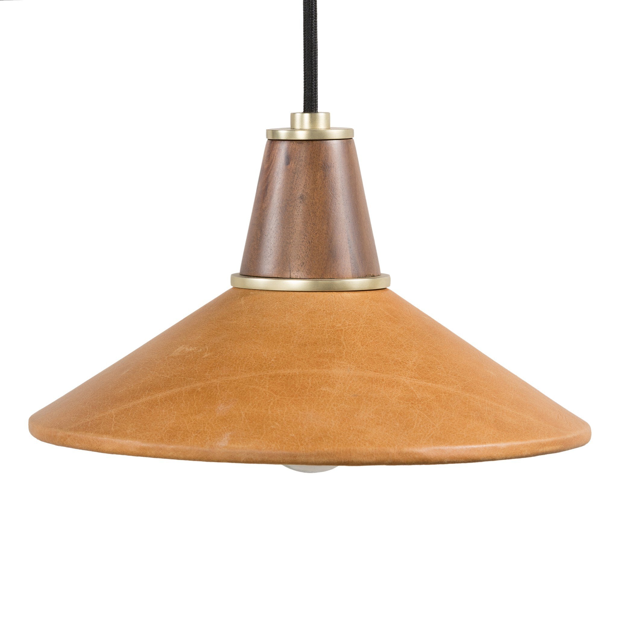 Close Detail Cullen pendant light with a camel leather shade and natural walnut finial 