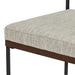 Close-up of light gray upholstered counter stool seat with dark brown wood trim