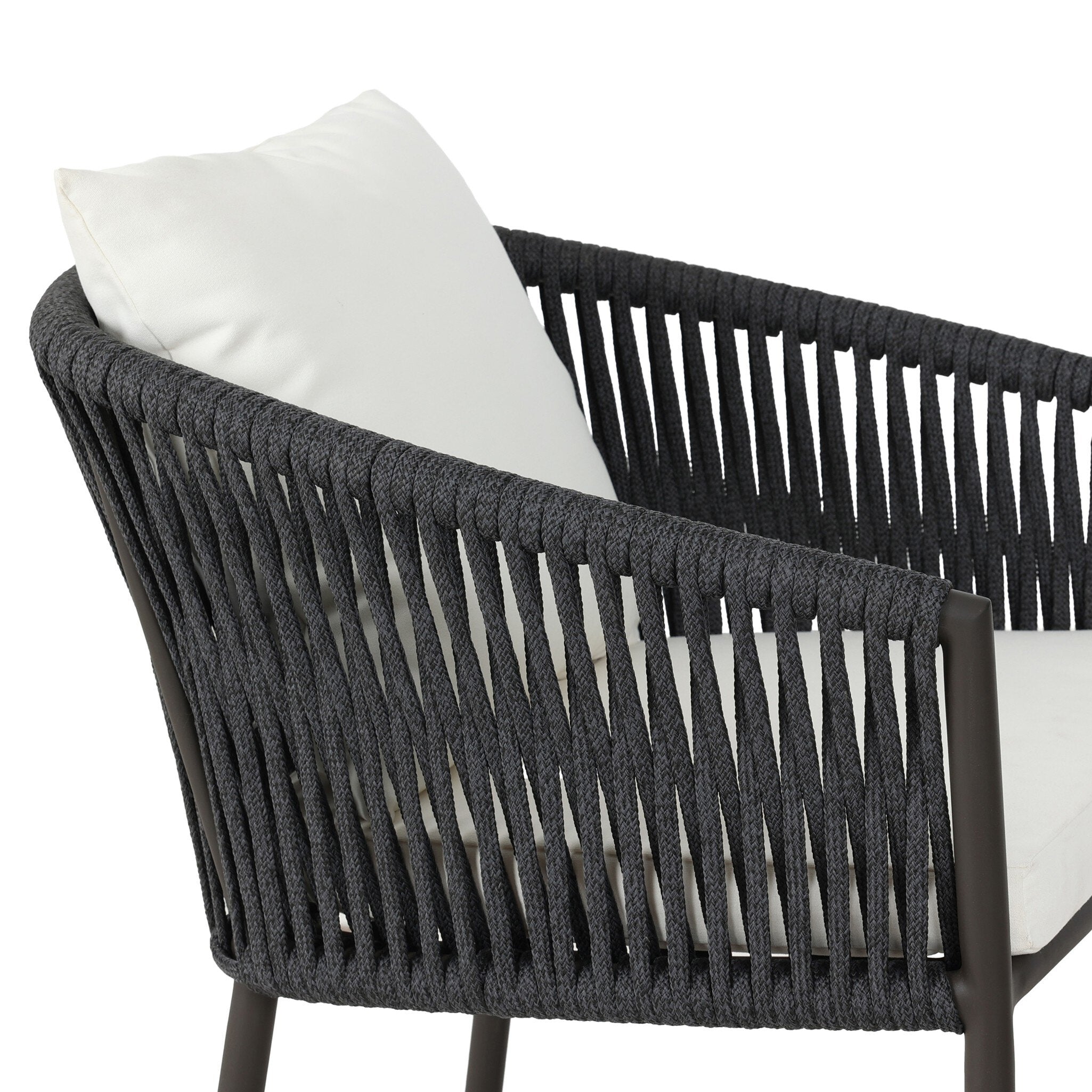 Close Detail Modern Porto Outdoor Counter Stool with Charcoal Aluminum Frame and Dark Grey Woven Rope Barrel Back