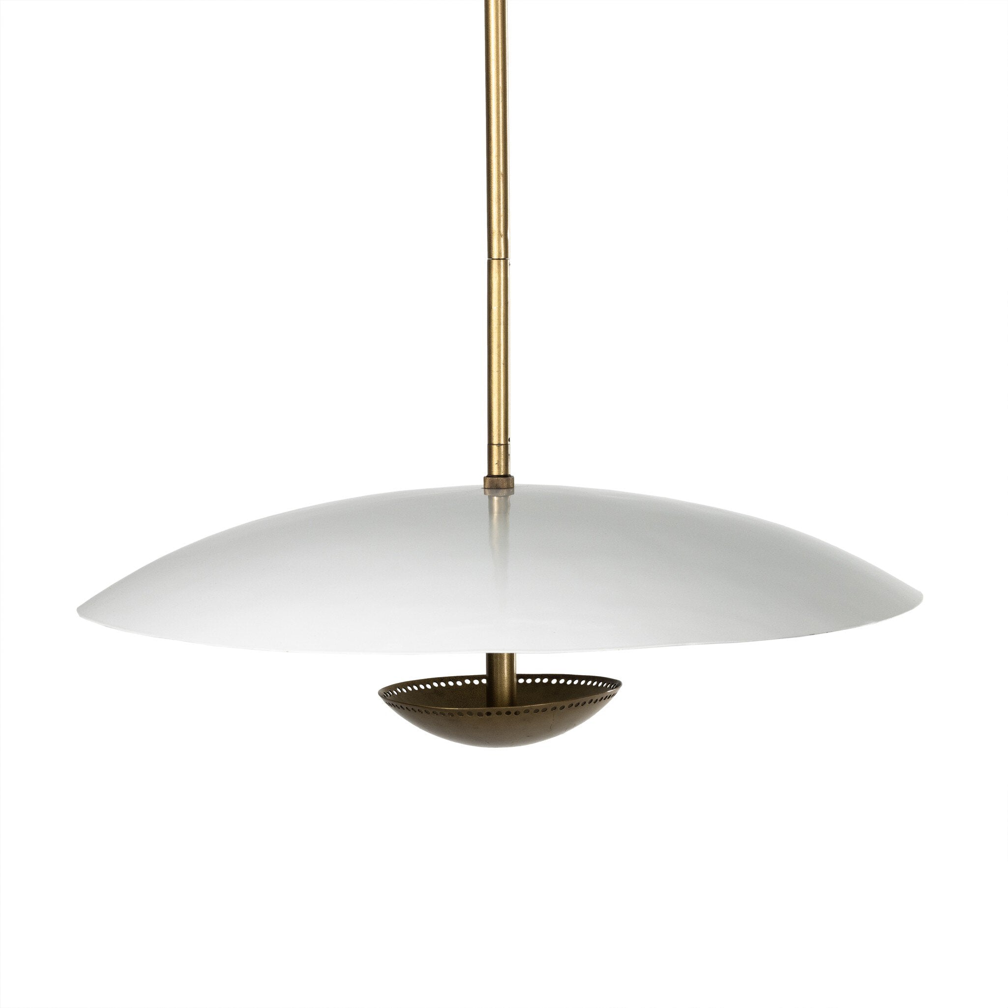 Close-up of Oren pendant perforated brass edge detail for soft ambient light diffusion.