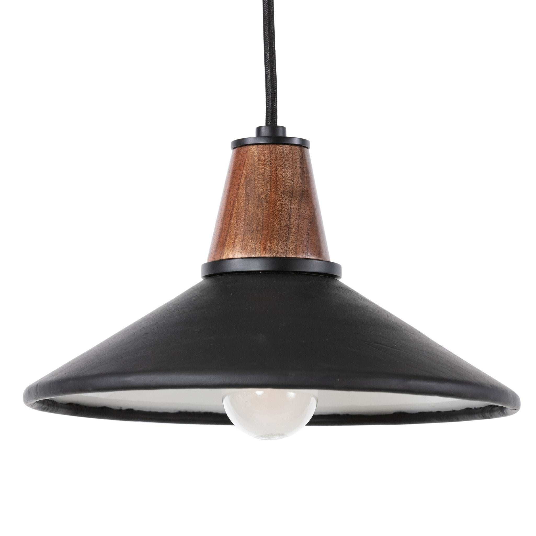 Close detail Cullen pendant light with a black leather shade and natural walnut finial 