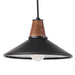 Close detail Cullen pendant light with a black leather shade and natural walnut finial 