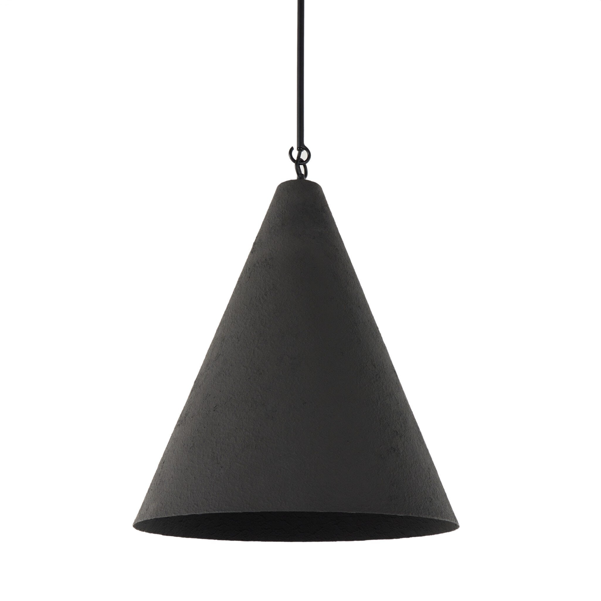 Close detail Grazia matte black plaster pendant light with antiqued iron hardware 