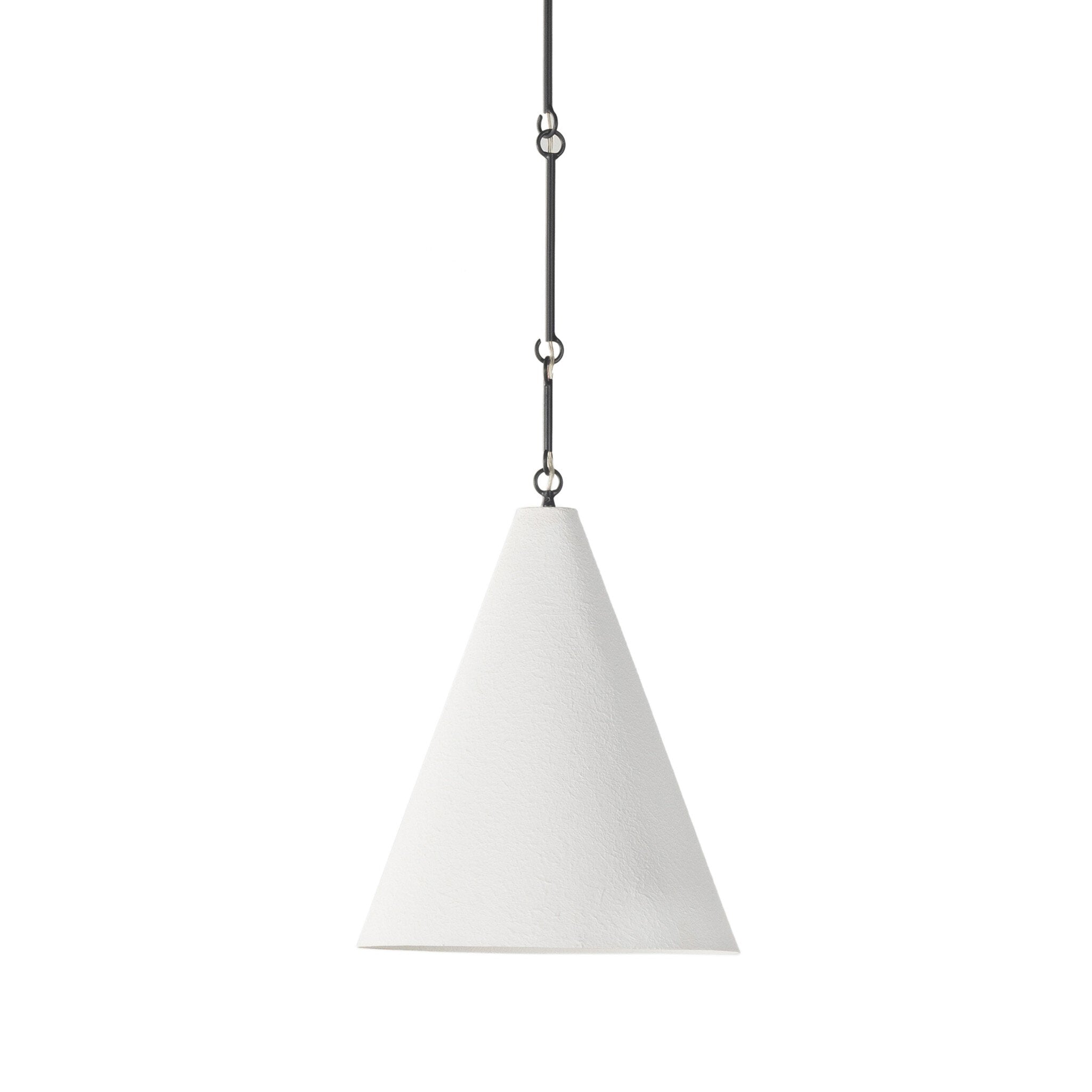 Close detail Grazia matte white plaster pendant light with antiqued iron hardware 