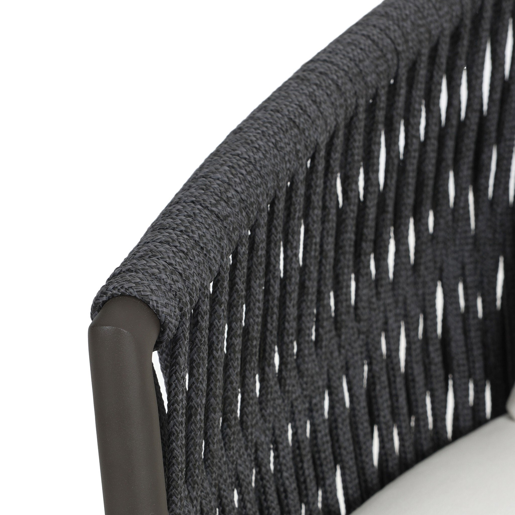 Close detail Weather-resistant Porto outdoor stool with Olefin performance fabric cushions and bronze finished frame