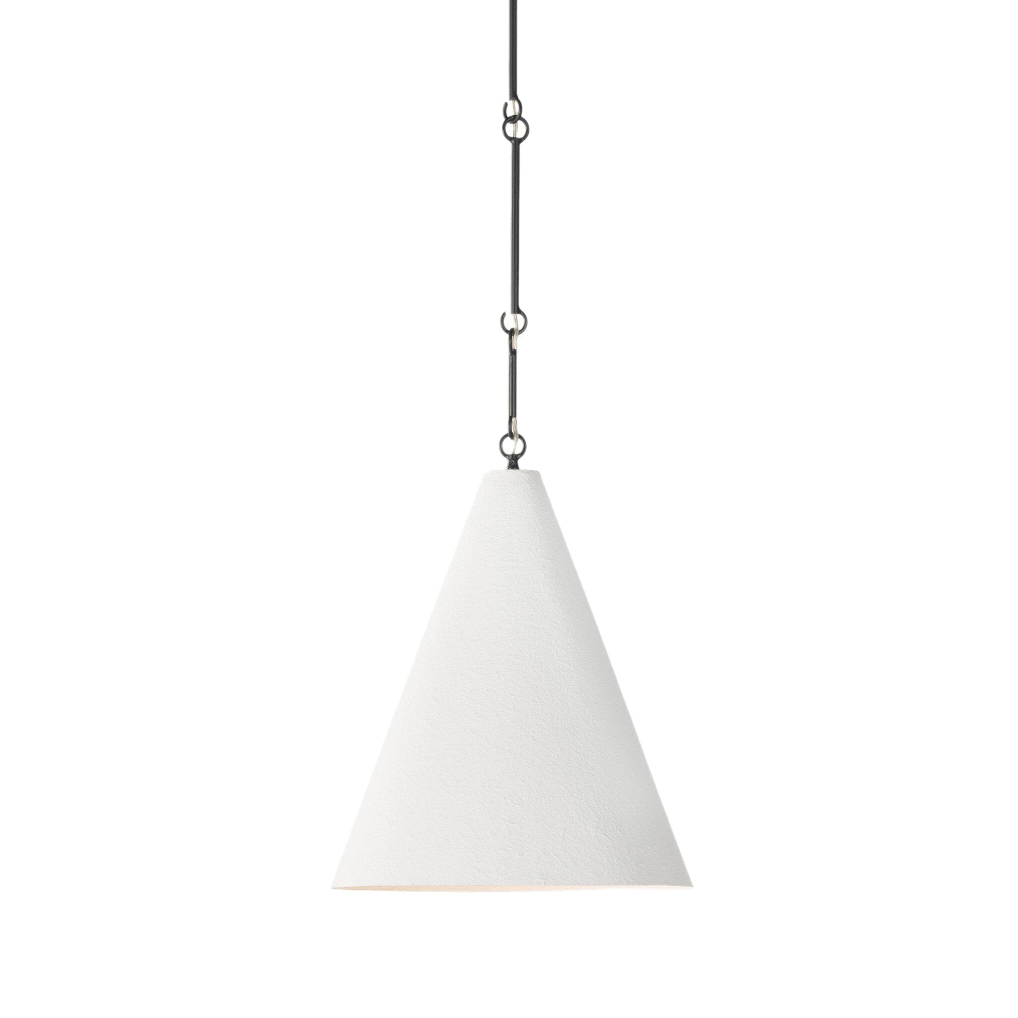 Close detail fixture lit Grazia matte white plaster pendant light with antiqued iron hardware 