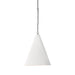 Close detail fixture lit Grazia matte white plaster pendant light with antiqued iron hardware 