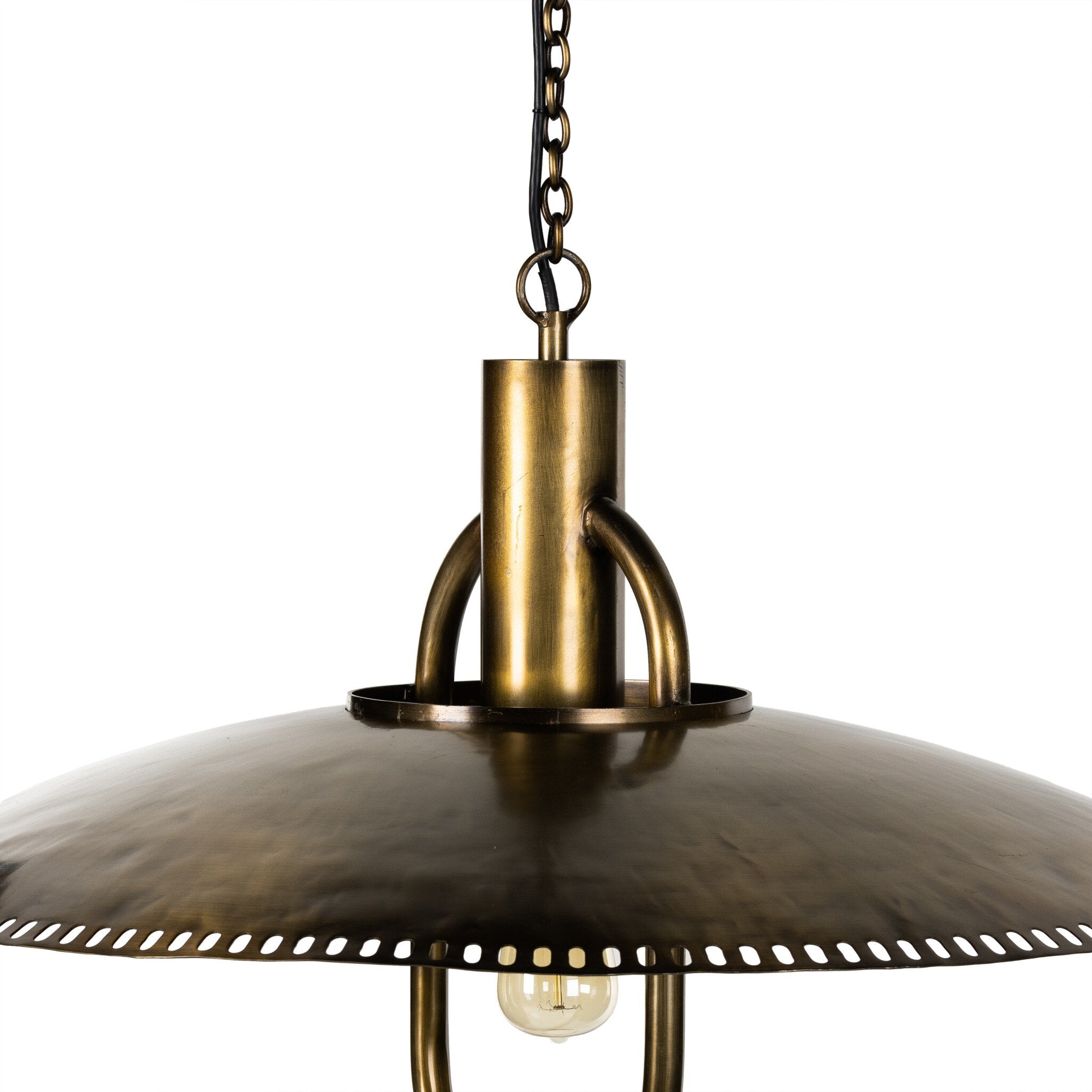 Arely 30-inch industrial pendant light in dark antique brass with perforated dome detailing close up