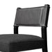Armless dining chair close-up of dark upholstered backrest and gray seat cushion