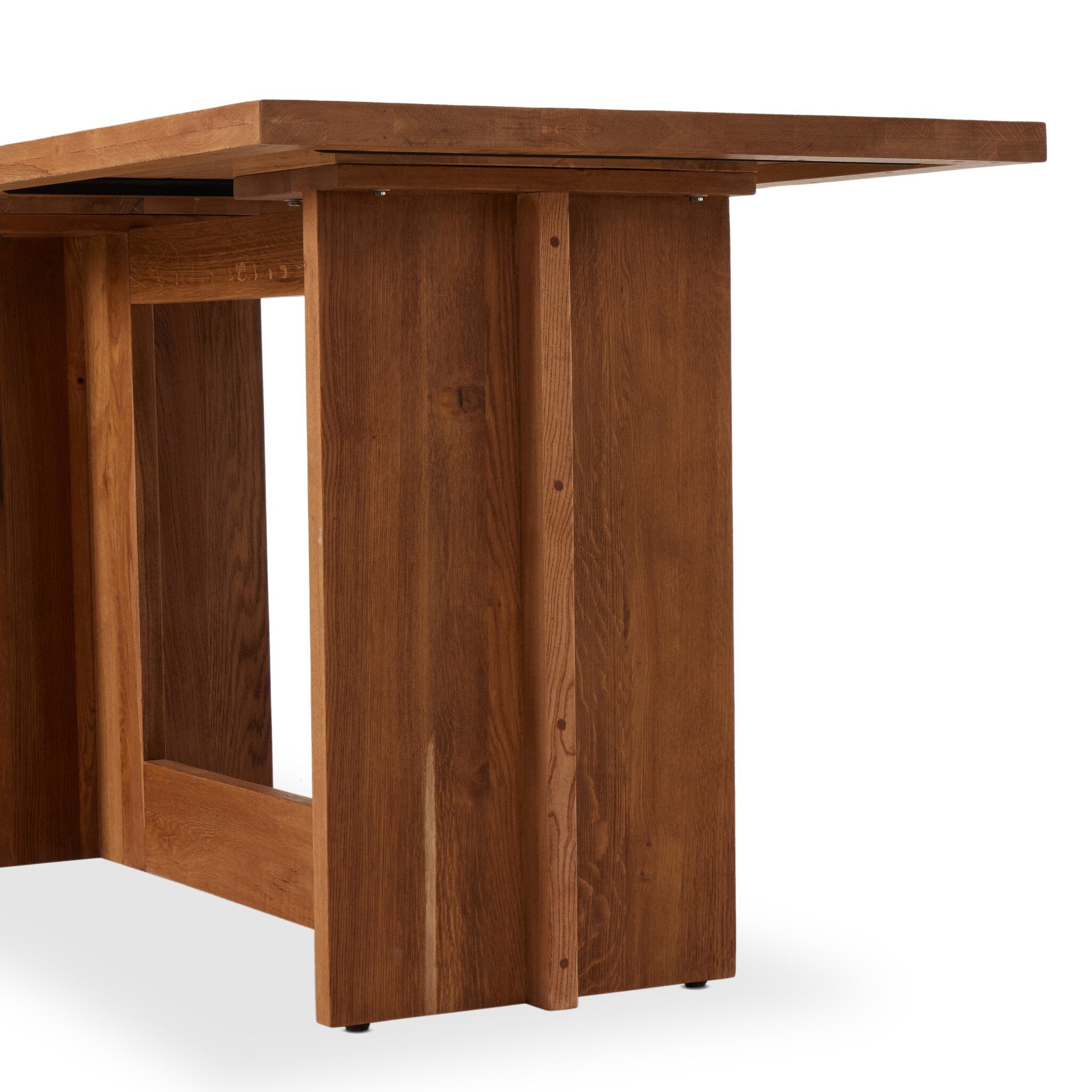 Close view Erie Bar Counter Table in Smoked Oak with a chunky pedestal base and modern rustic design