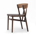 Close view angle A solid oak dining chair with a paper rush wrapped detail on the back, tapered legs, and a dark finish.