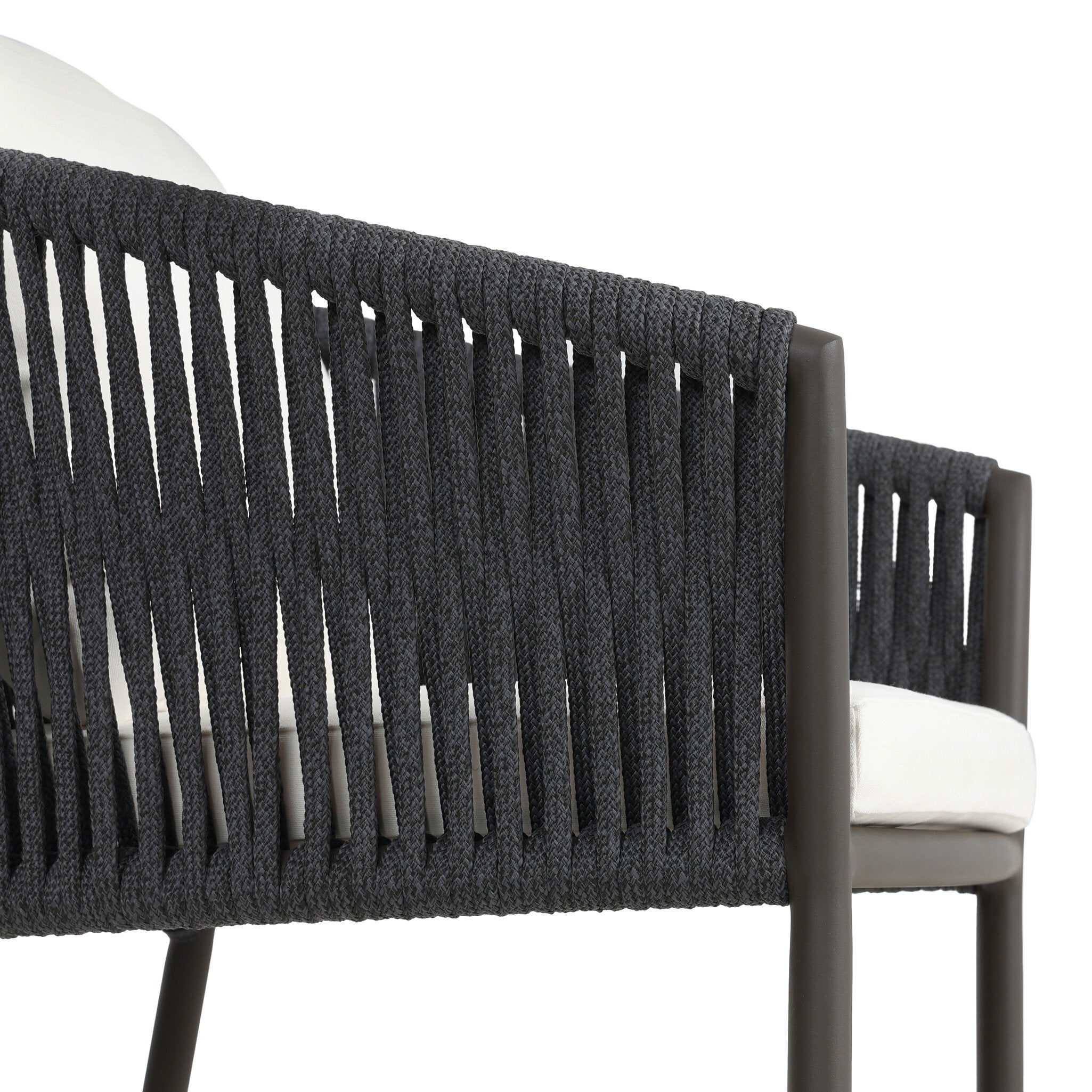 Close Woven side detail Weather-resistant Porto outdoor stool with Olefin performance fabric cushions and bronze finished frame