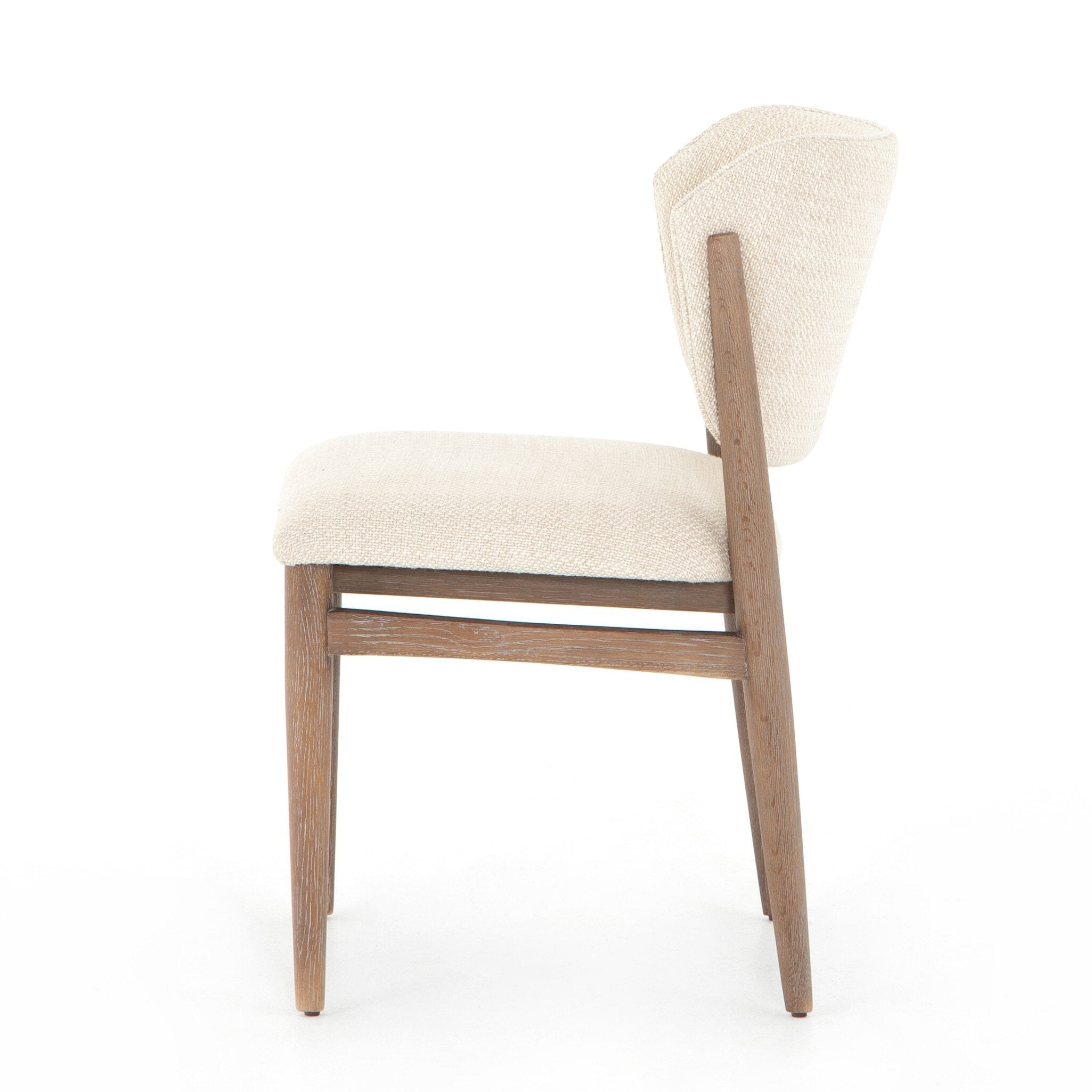 Commercial dining chair featuring pecan-finished nettlewood frame and high-performance fabric upholstery side