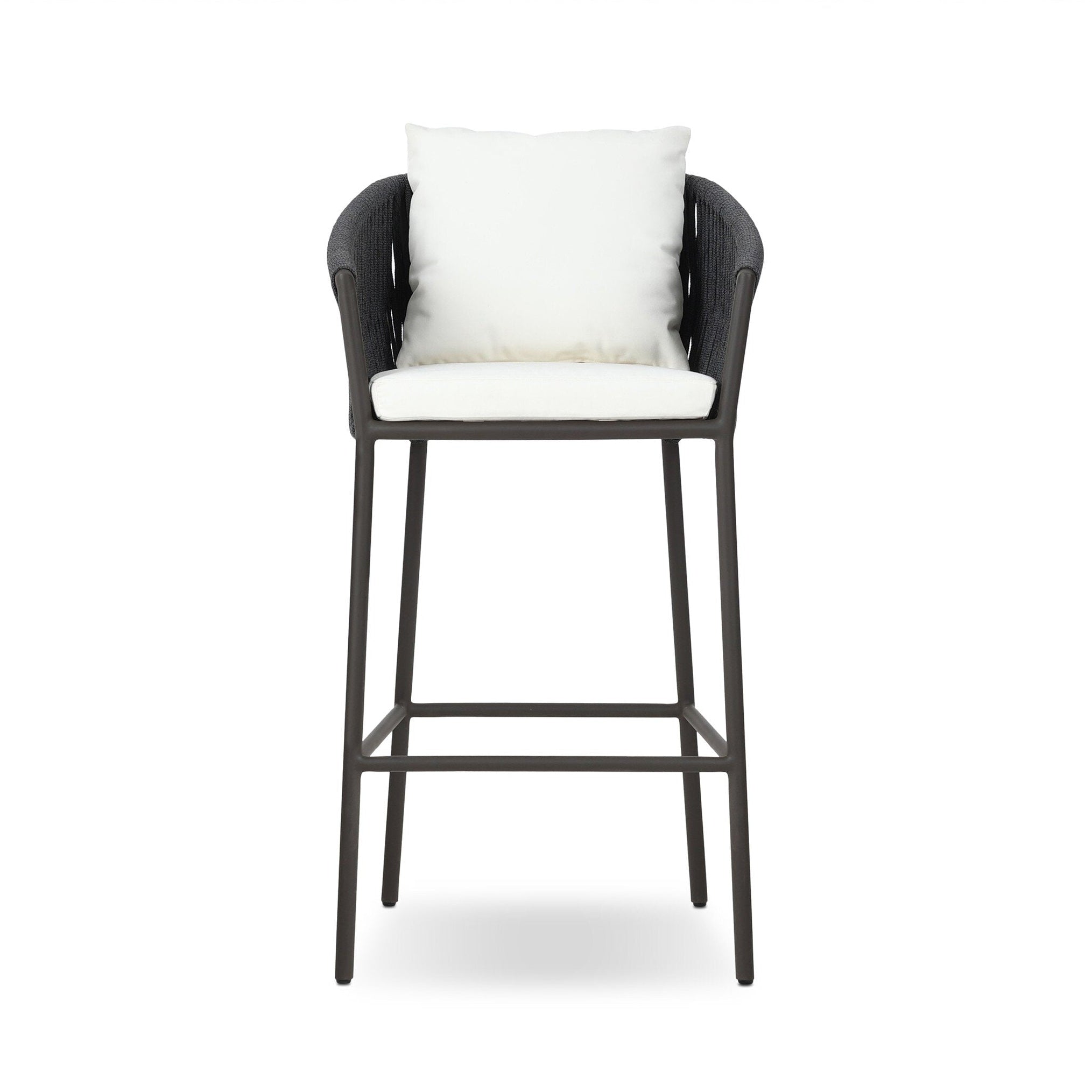 Porto outdoor bar stool with dark woven back and frame, white seat and back cushions.