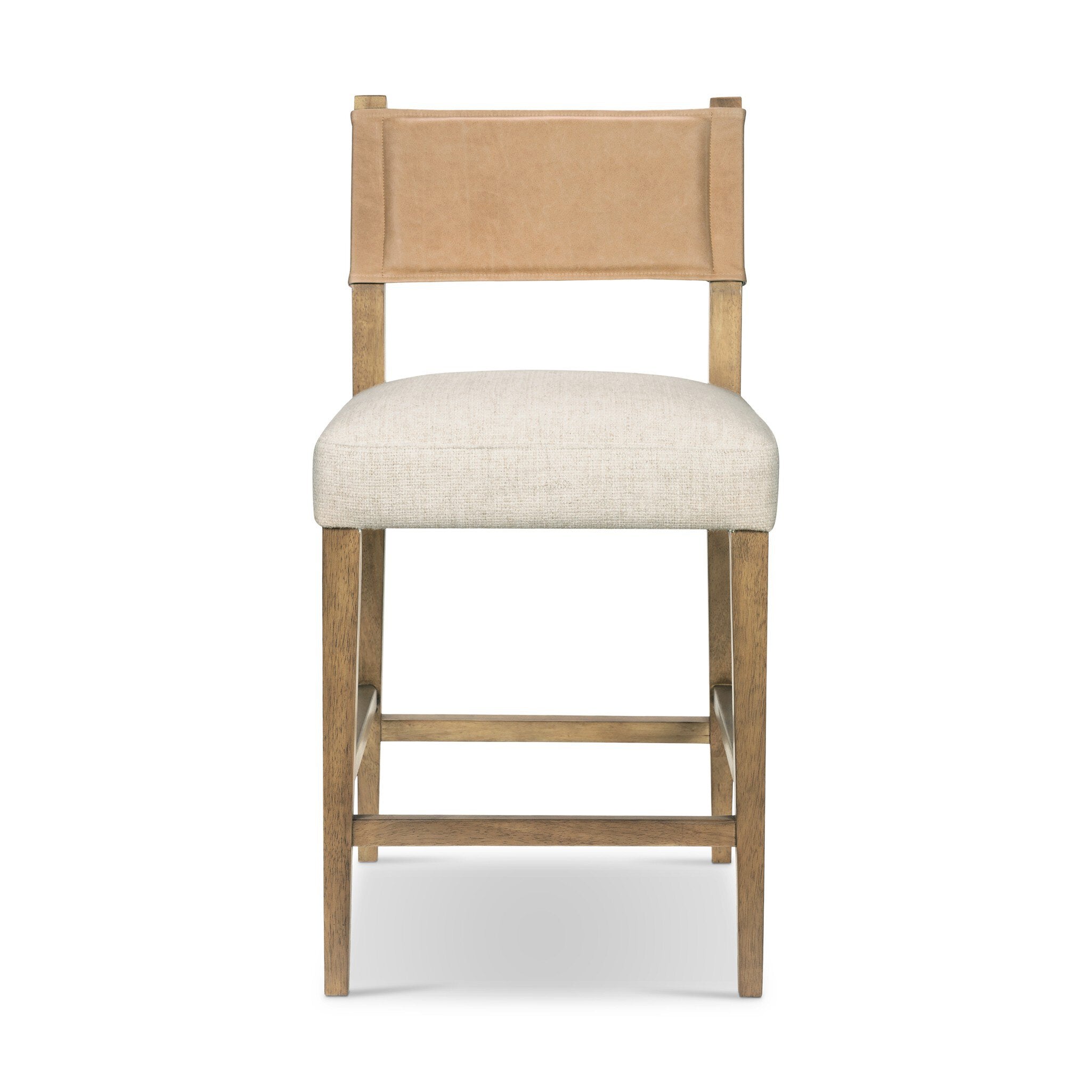 Cream counter stool with tan leather-look back, padded seat, wooden legs