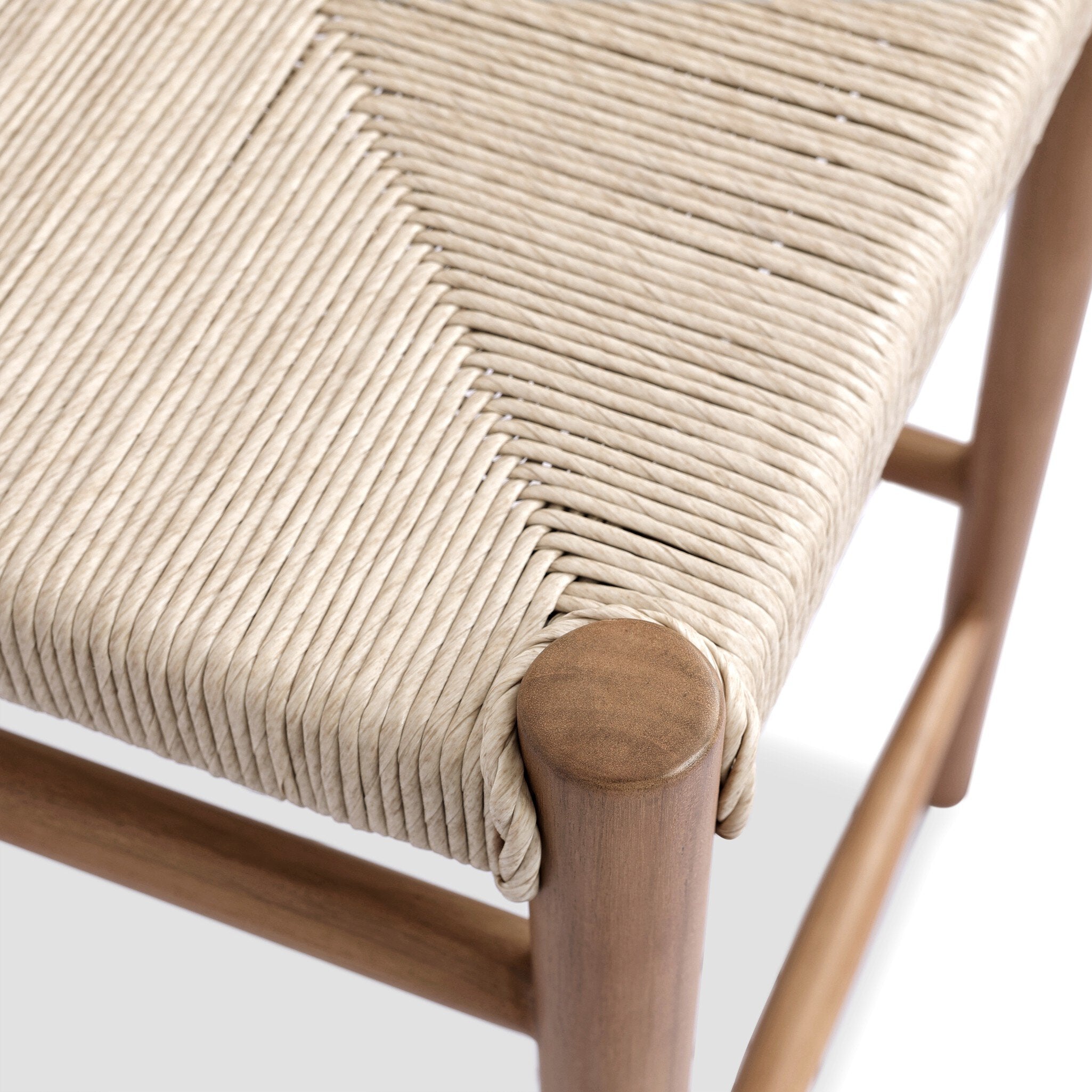 Vintage white woven back corner with rounded wood post on bar counter stool