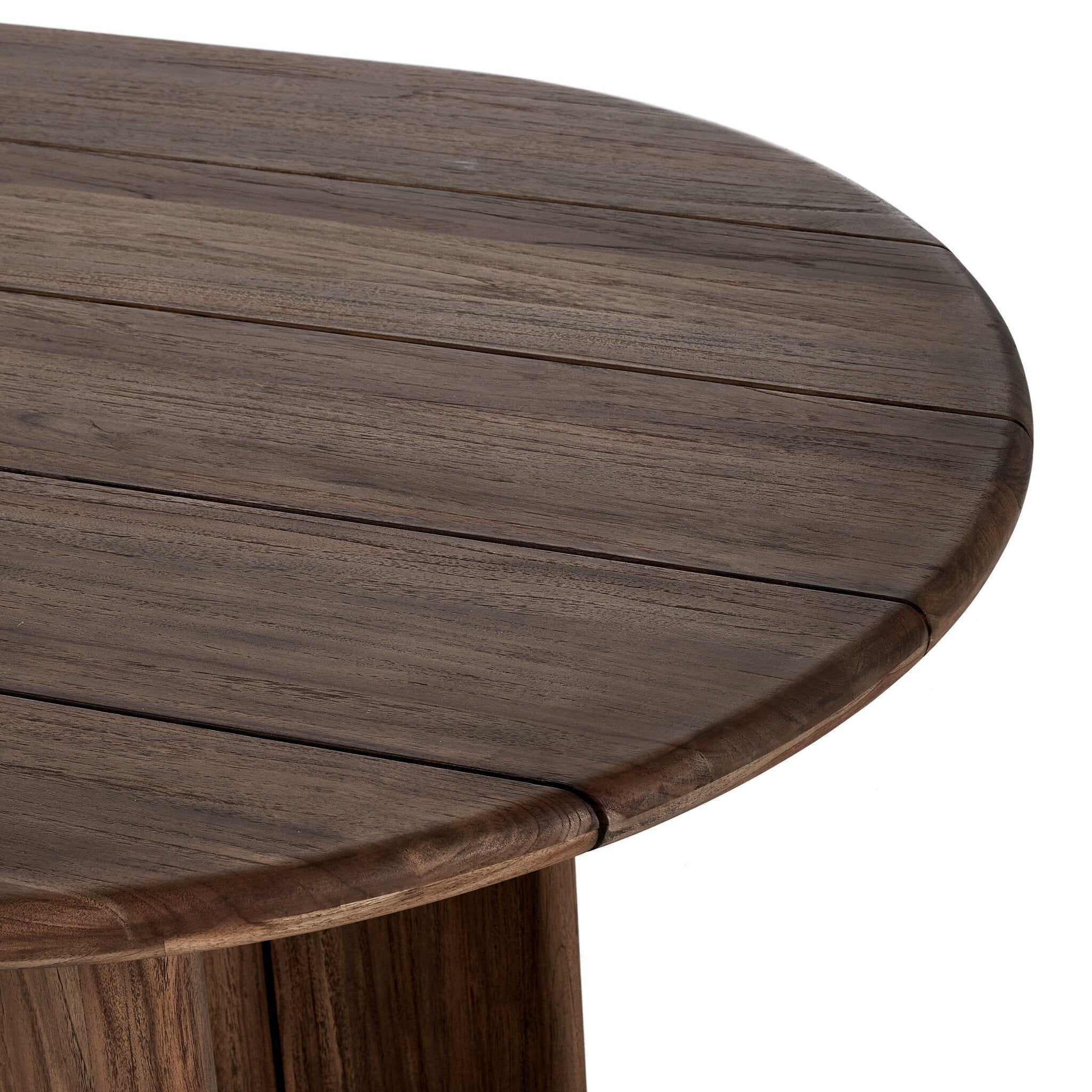 Corner table detail Paden 94-inch Outdoor Dining Table in Toasted Brown FSC-certified teak with crescent legs
