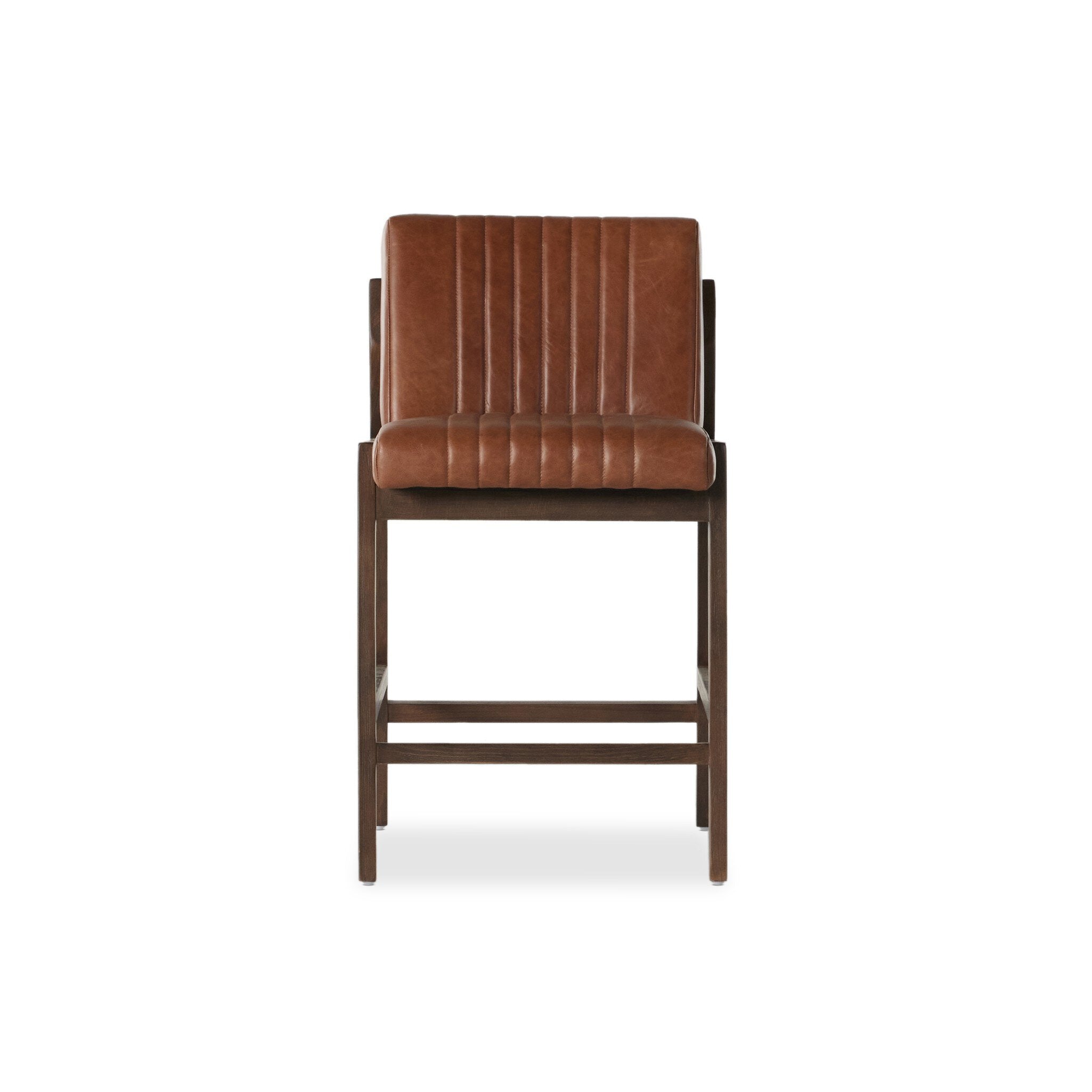 Alice counter stool with brown upholstered back and seat, vertical channel stitching, wood frame