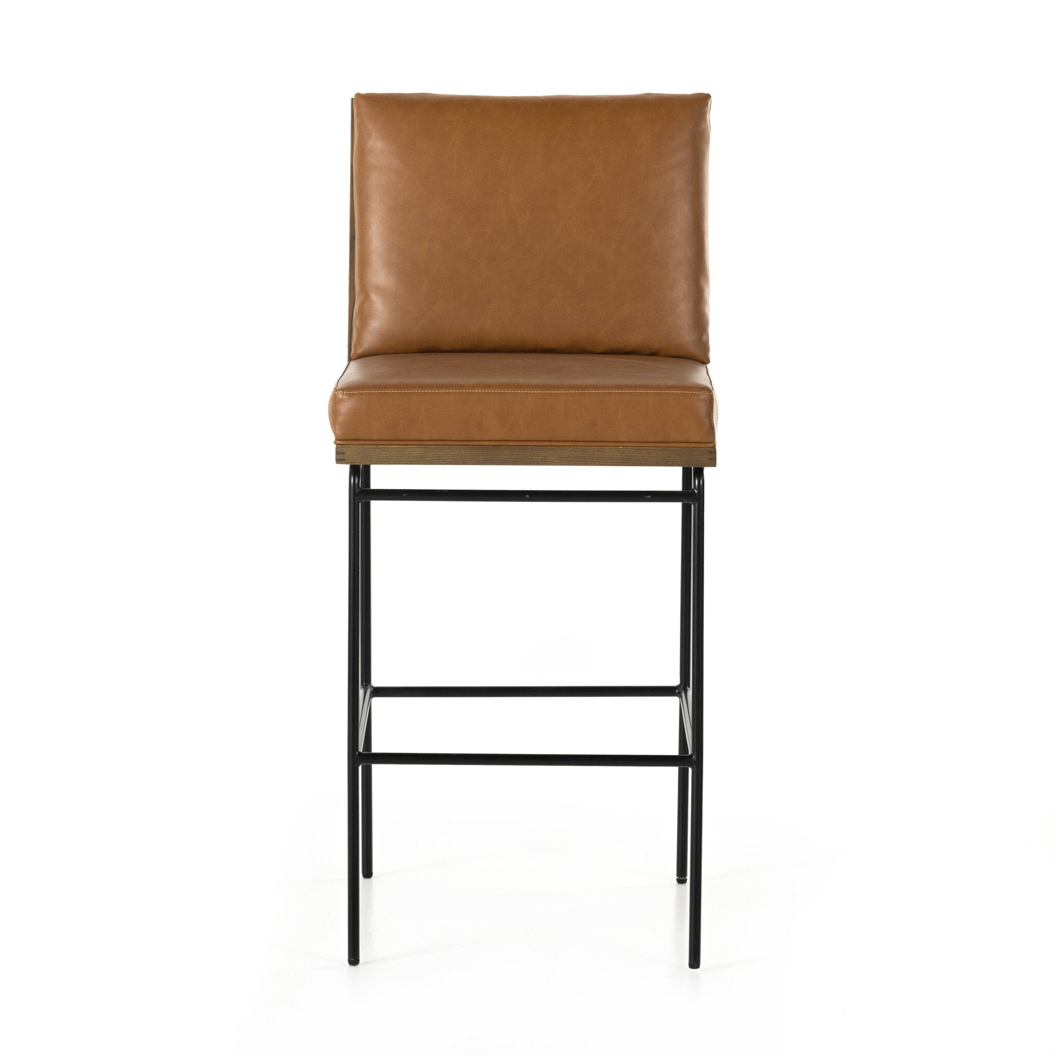 Crete bar stool with tan upholstered back and seat, black metal frame
