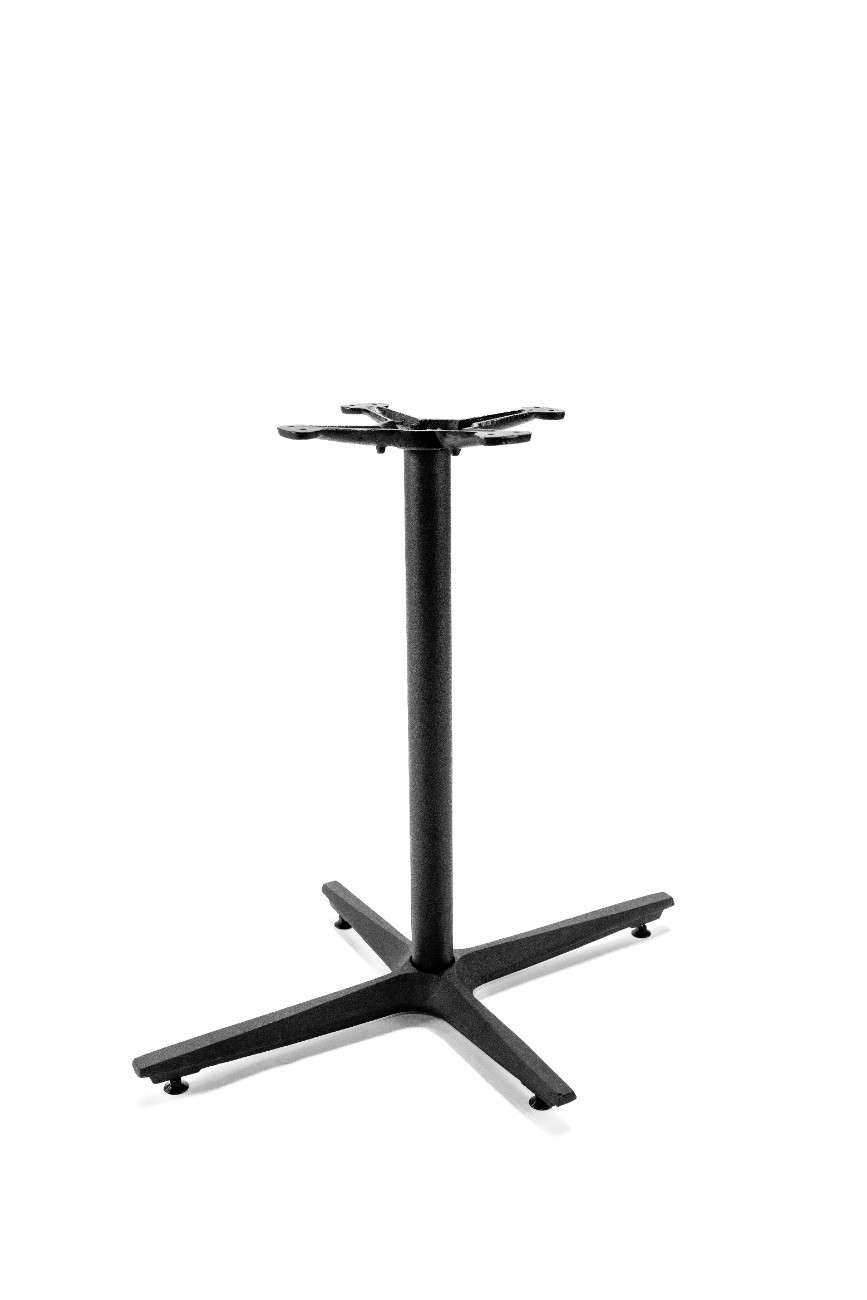 Black metal table base with central column and four spreader feet, top plate mount