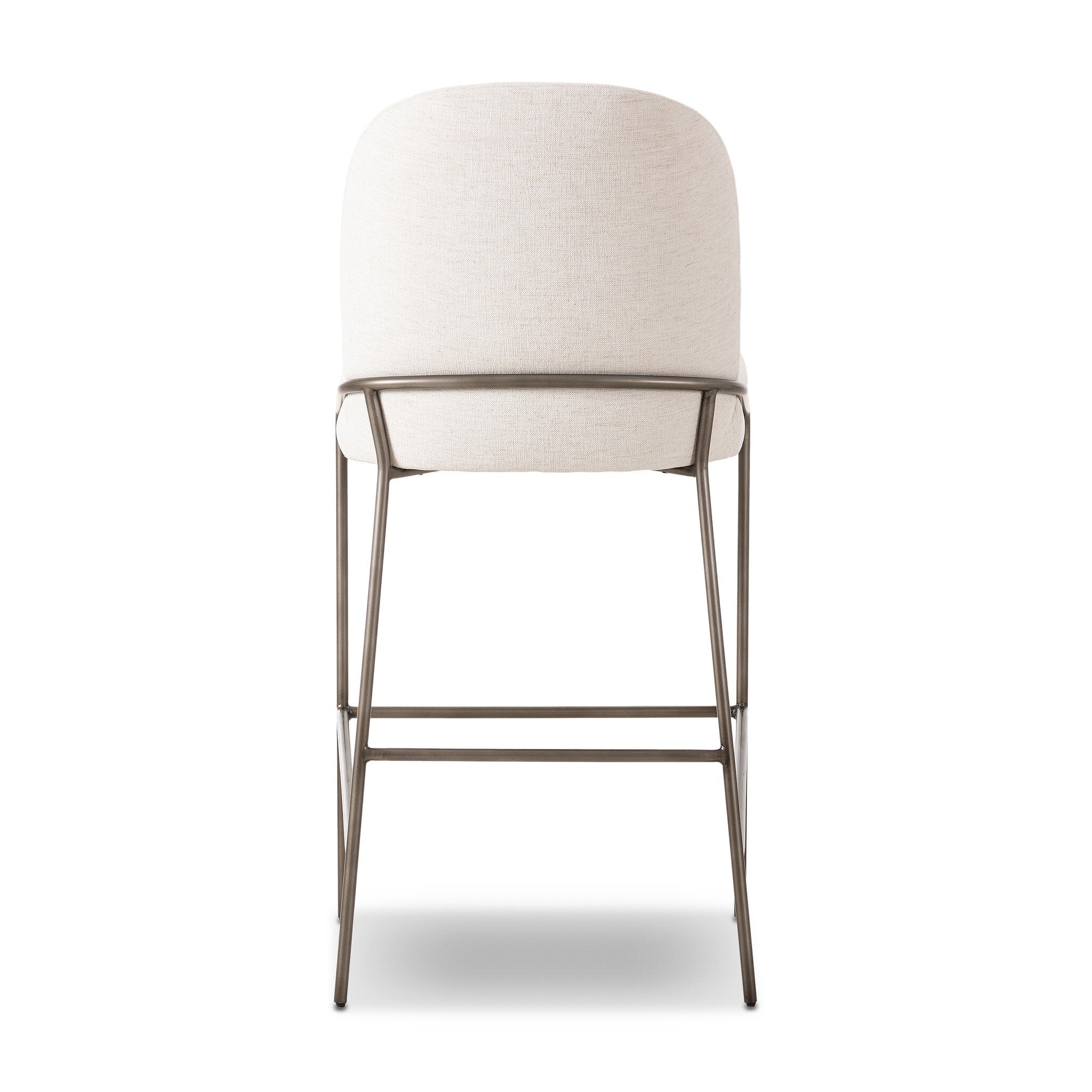 Light fabric bar stool viewed from front; rounded backrest, padded seat, and metal footrest frame