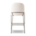 Light fabric bar stool viewed from front; rounded backrest, padded seat, and metal footrest frame
