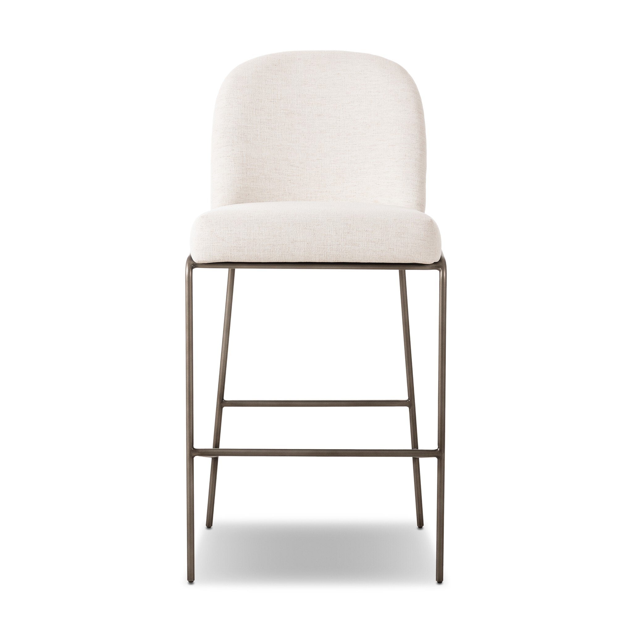 Light upholstered bar stool with curved backrest and padded seat; metal legs with cross brace