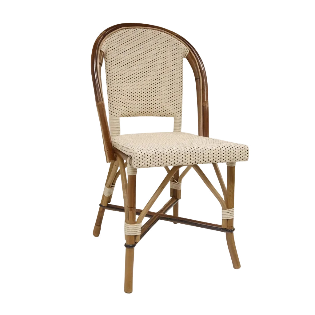 Side chair with curved natural wood arms and cream woven back and seat.