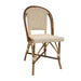 Side chair with curved natural wood arms and cream woven back and seat.