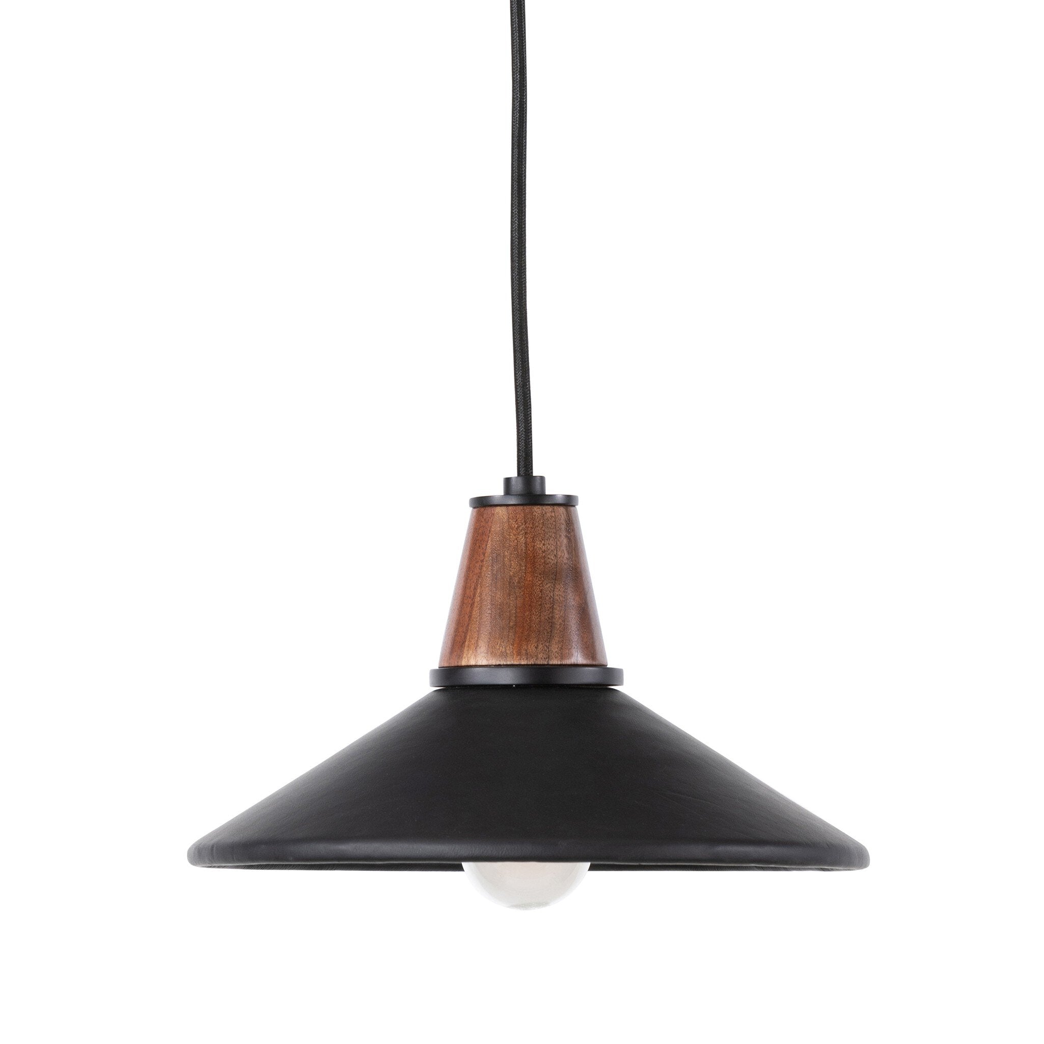 Cullen pendant light with a black leather shade and natural walnut finial 