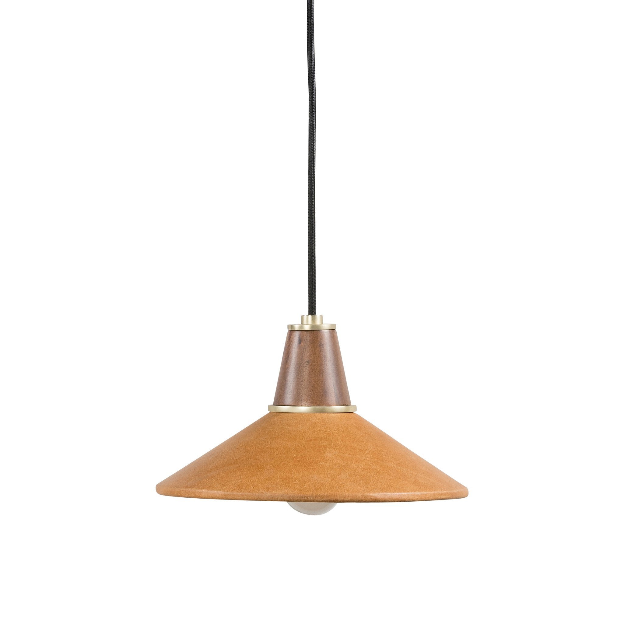 Mid-Century Modern Cullen pendant light with a camel leather shade and natural walnut finial 