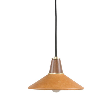 Mid-Century Modern Cullen pendant light with a camel leather shade and natural walnut finial 