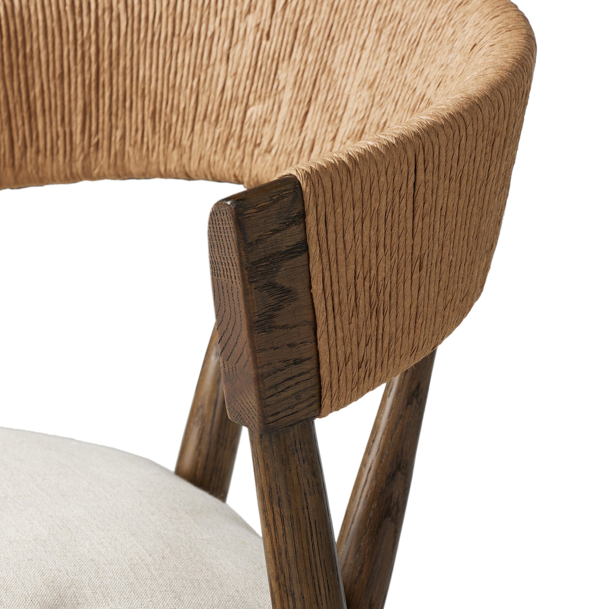 Bar stool back corner with woven panel and dark wood armrest side post