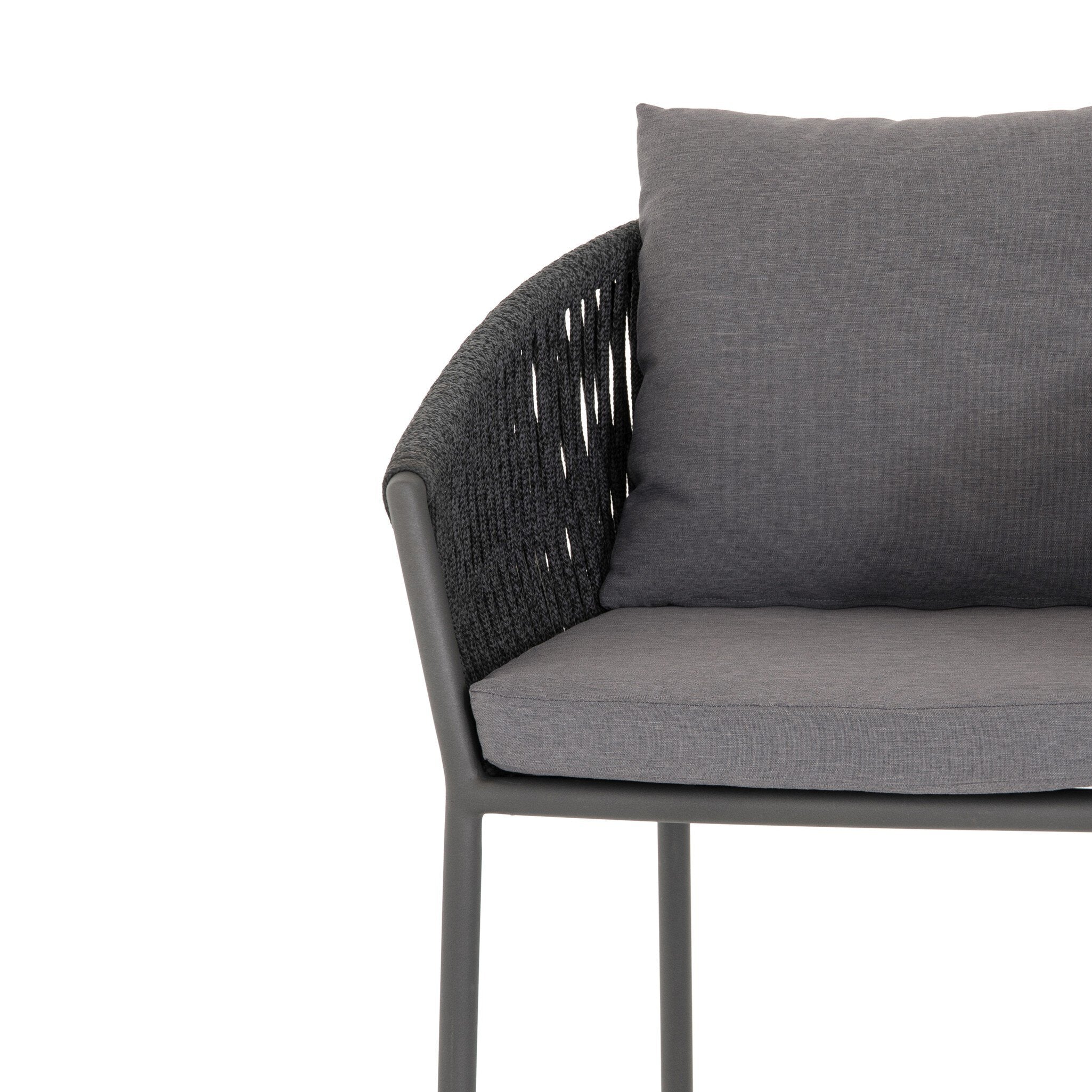 Cushion detail Porto Outdoor Bar Stool with a natural teak frame and weather-resistant grey rope-weave backrest