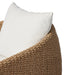 Cushion detailing Maven Outdoor Swivel Chair in Alessi Linen with a faux hyacinth woven shell and 360-degree base