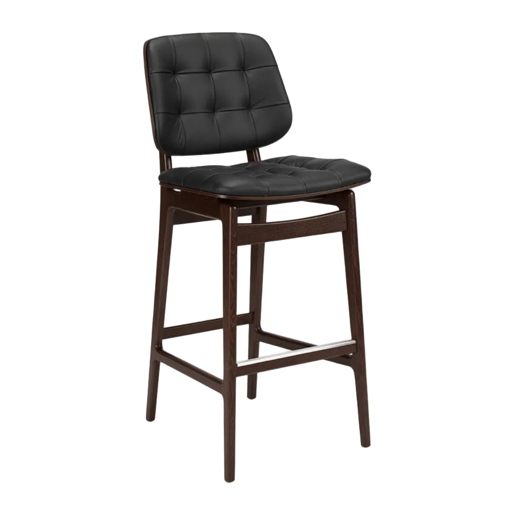 Tufted bar stool with black cushioned seat, dark wood legs, and padded square back