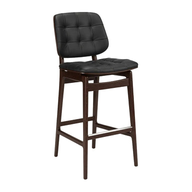 Tufted bar stool with black cushioned seat, dark wood legs, and padded square back