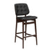 Tufted bar stool with black cushioned seat, dark wood legs, and padded square back