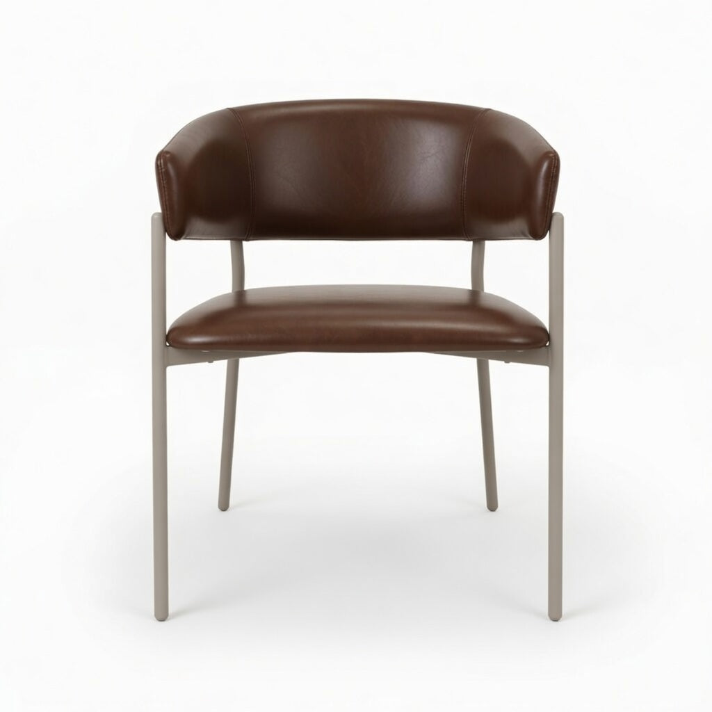 Arlo arm chair with brown leather-look upholstery and light metal legs