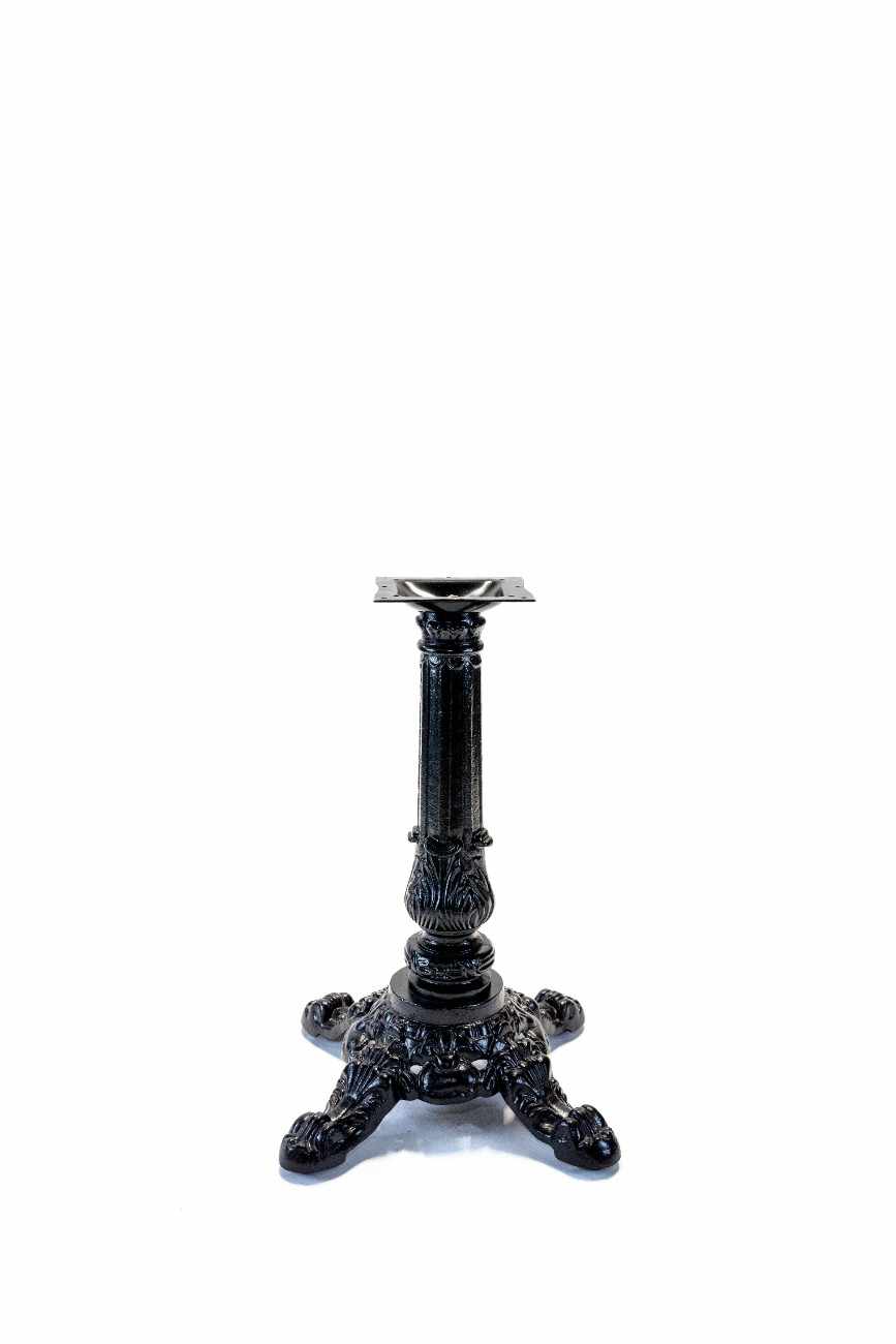 Black cast table base pedestal with round top plate and three claw-style feet