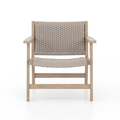 Delano Outdoor Chair with a weathered grey teak frame and thick handwoven grey rope seating