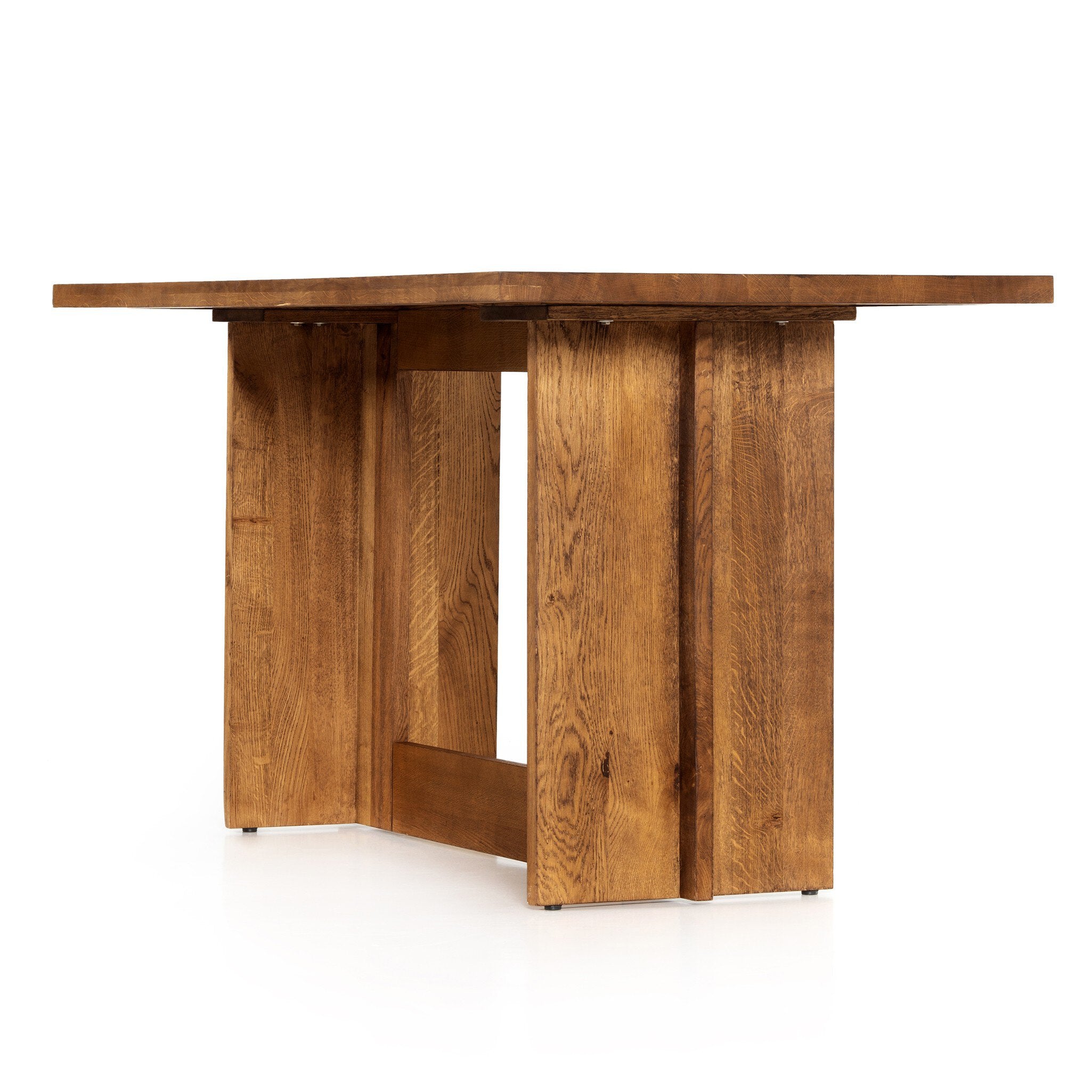 Detail view Erie Bar Table in Smoked Oak with a chunky pedestal base and modern rustic design