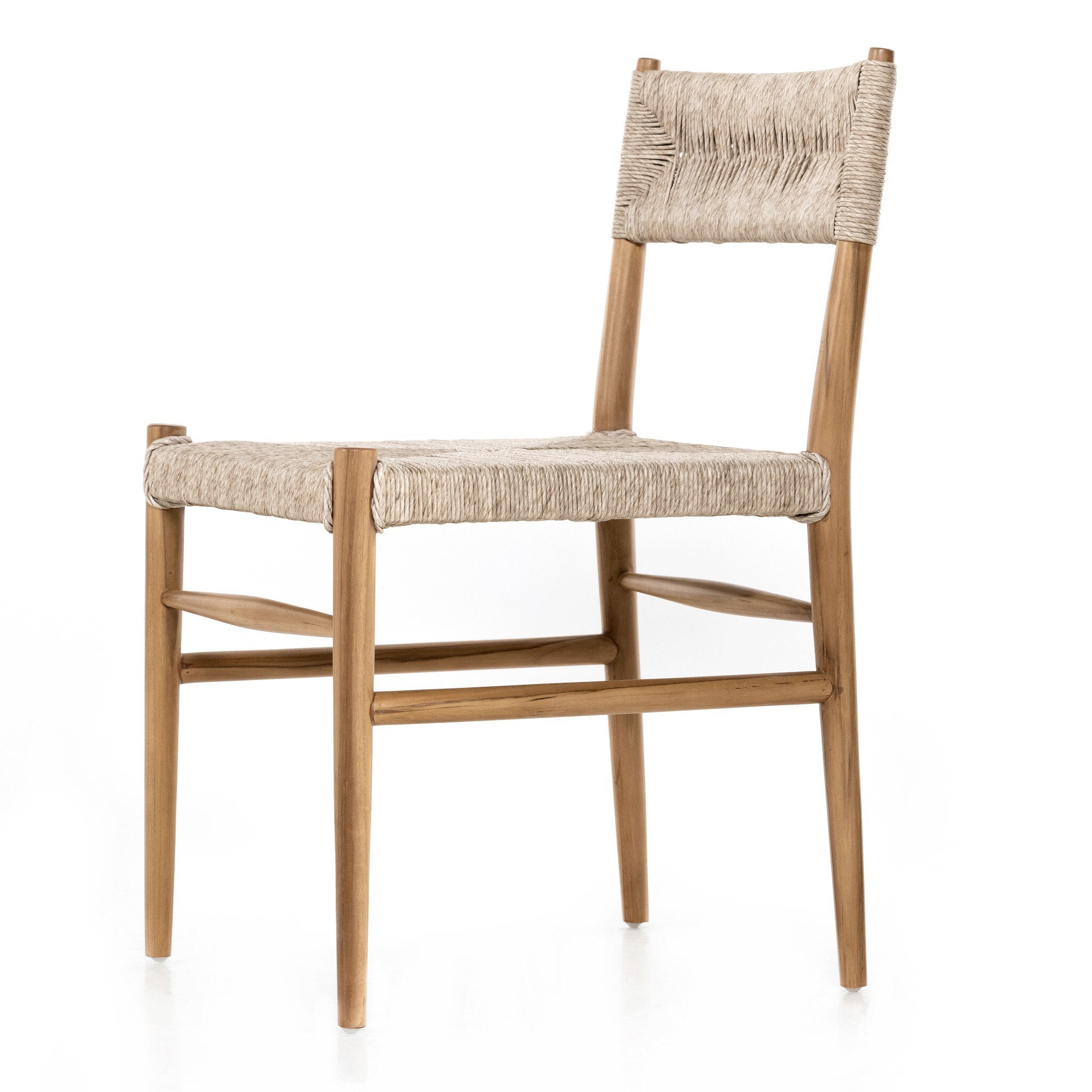 Detailed Angle Lomas Outdoor Dining Chair in Vintage White woven wicker with a tapered natural teak frame