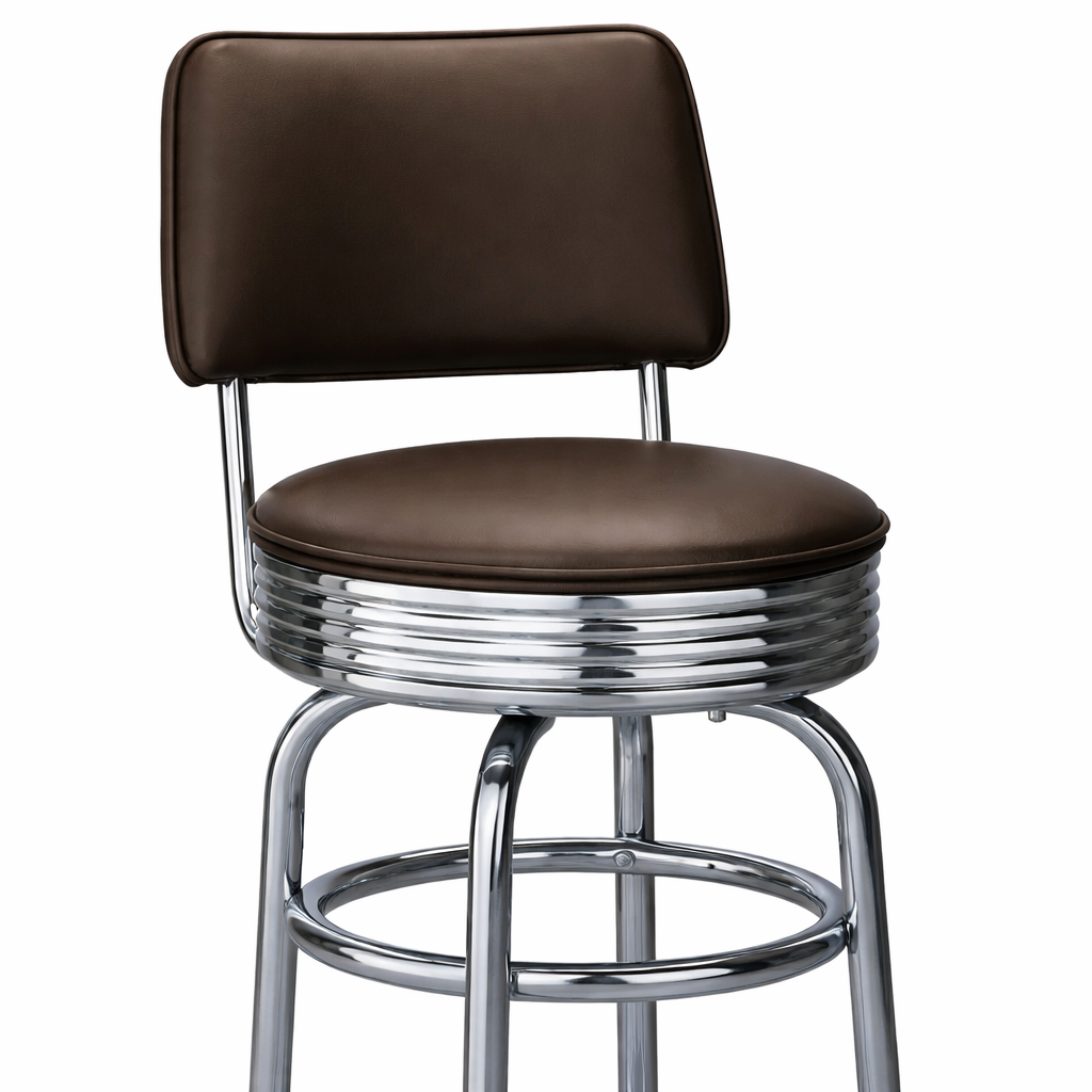 Detailed Belmont Double Ring Bar Stool by Social Design Supply Co: A vintage-inspired commercial bar stool with a padded backrest and chrome double-ring base for upscale hospitality seating